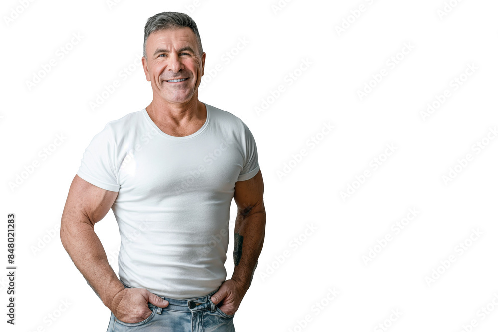 Smiling Muscular Senior Man in White T-Shirt and Jeans on White Background Smiling Muscular Senior Man in White T-Shirt and Jeans on White Background