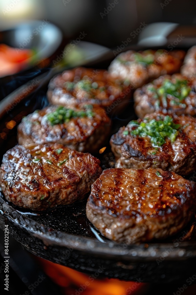 Juicy, grilled beef steaks with herbs sizzling on a hot grill, perfectly cooked and ready to serve. Delicious and mouth-watering barbecue scene. Juicy, grilled beef steaks with herbs sizzling on a hot grill, perfectly cooked and ready to serve. Delicious and mouth-watering barbecue scene.