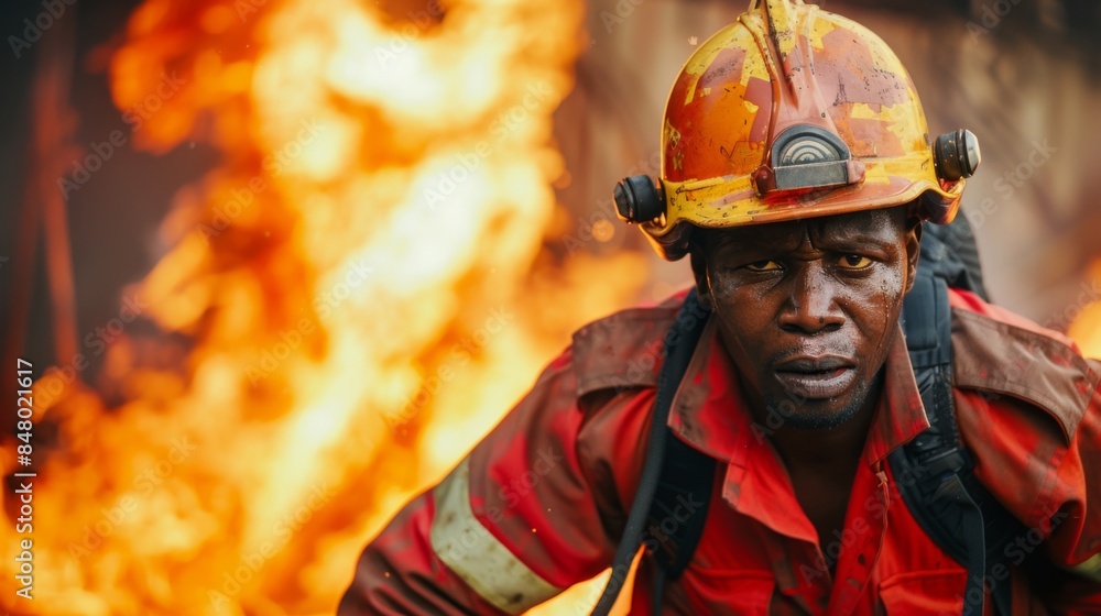 Firefighter in full gear confronts a raging inferno Firefighter in full gear confronts a raging inferno