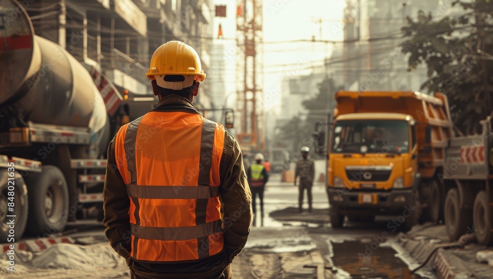 Worker is wearing an orange hi visibility vest and yellow helmet, standing in front of the truck with cranes at a construction site, facing away from the camera. Heavy machinery such as trucks cranes Worker is wearing an orange hi visibility vest and yellow helmet, standing in front of the truck with cranes at a construction site, facing away from the camera. Heavy machinery such as trucks cranes