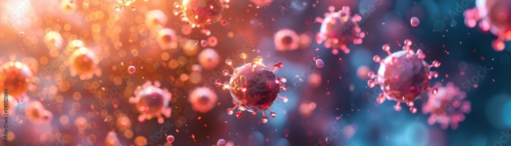 Colorful microscopic view of viruses in bright hues, showcasing the biological complexity and beauty of microorganisms in high detail. Colorful microscopic view of viruses in bright hues, showcasing the biological complexity and beauty of microorganisms in high detail.