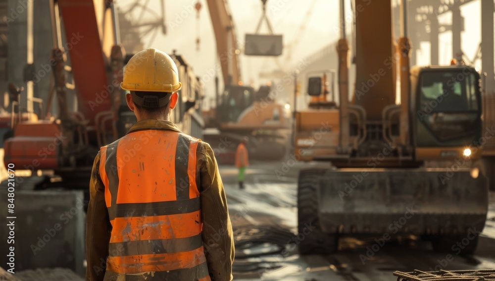 Worker is wearing an orange hi visibility vest and yellow helmet, standing in front of the truck with cranes at a construction site, facing away from the camera. Heavy machinery such as trucks cranes Worker is wearing an orange hi visibility vest and yellow helmet, standing in front of the truck with cranes at a construction site, facing away from the camera. Heavy machinery such as trucks cranes