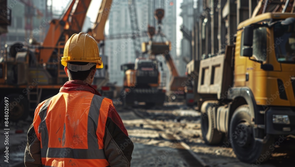 Worker is wearing an orange hi visibility vest and yellow helmet, standing in front of the truck with cranes at a construction site, facing away from the camera. Heavy machinery such as trucks cranes Worker is wearing an orange hi visibility vest and yellow helmet, standing in front of the truck with cranes at a construction site, facing away from the camera. Heavy machinery such as trucks cranes