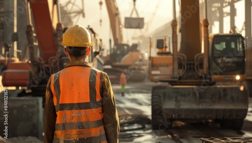Worker is wearing an orange hi visibility vest and yellow helmet, standing in front of the truck with cranes at a construction site, facing away from the camera. Heavy machinery such as trucks cranes