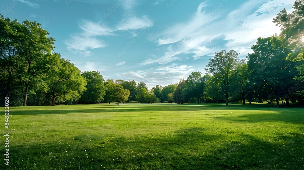 Expansive Green Grass Field with Distant Trees Bathed in Warm Sunlight Expansive Green Grass Field with Distant Trees Bathed in Warm Sunlight