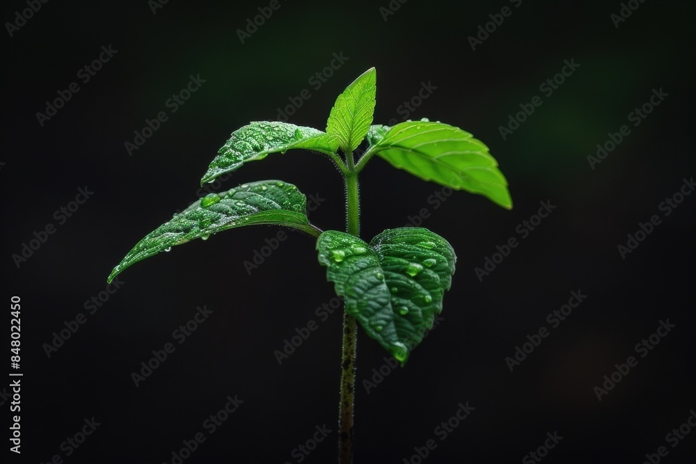 Close-up of a young plant with dewdrops on its leaves against a dark background, symbolizing fresh growth and new beginnings. Close-up of a young plant with dewdrops on its leaves against a dark background, symbolizing fresh growth and new beginnings.