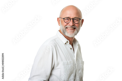 Smiling Bald Senior Man in White Shirt and Glasses on White Background © Suplim