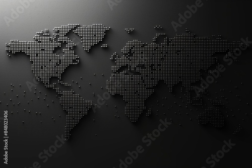 Fototapeta Naklejka Na Ścianę i Meble -  Dark abstract 3D world map with textured dots, creating a modern and minimalistic global concept on a black background.