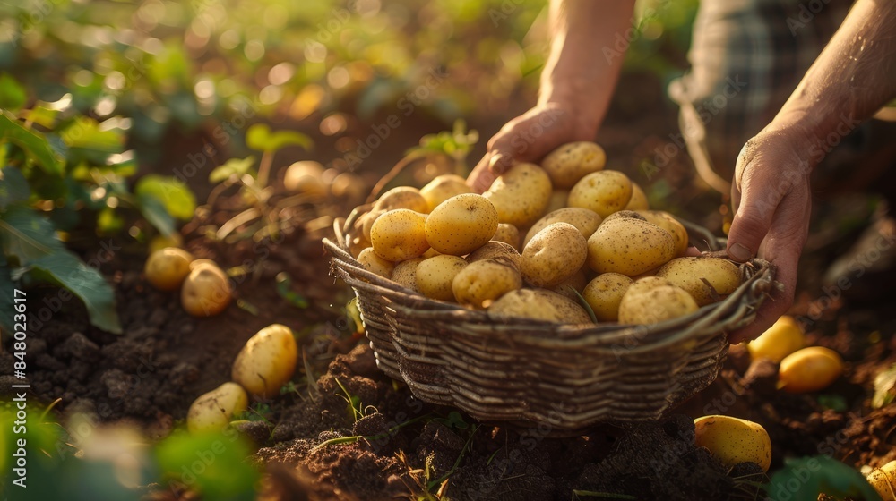 Farmer harvesting potatoes in a field Farmer harvesting potatoes in a field