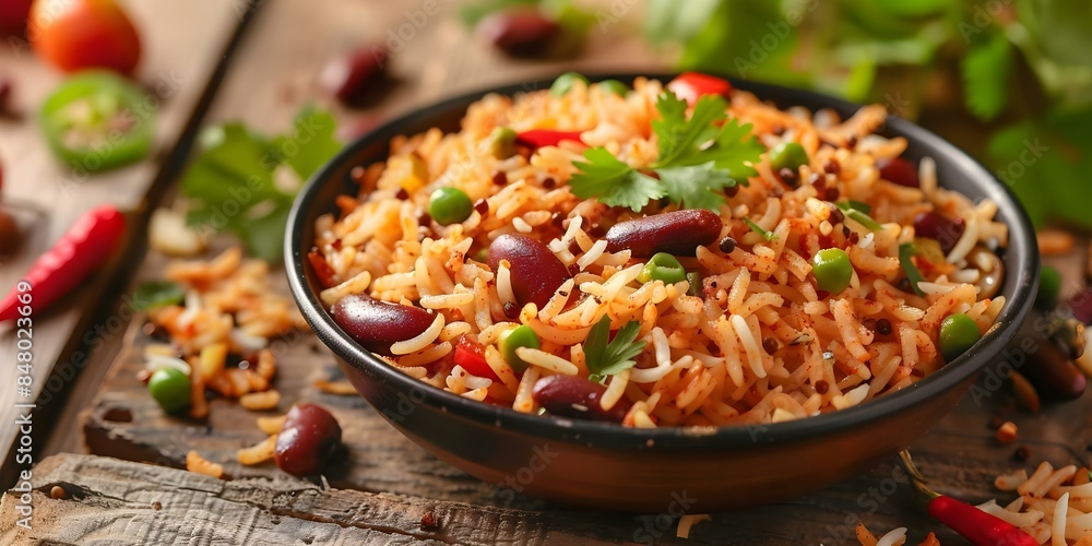 Closeup of traditional Indian dish Rajma Chawal a flavorful spicy delight. Concept Food Photography, Indian Cuisine, Closeup Shots, Spicy Delight, Traditional Dishes Closeup of traditional Indian dish Rajma Chawal a flavorful spicy delight. Concept Food Photography, Indian Cuisine, Closeup Shots, Spicy Delight, Traditional Dishes