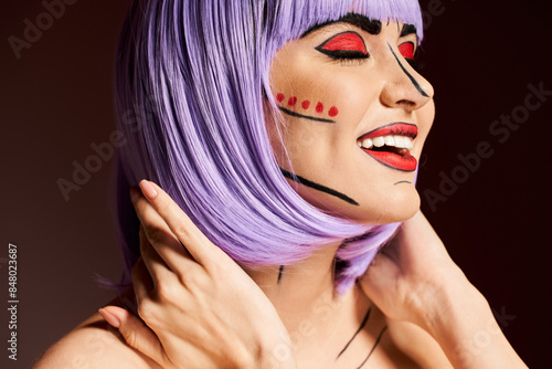 A striking woman with purple hair and artistic face paint inspired by comics on a black background.