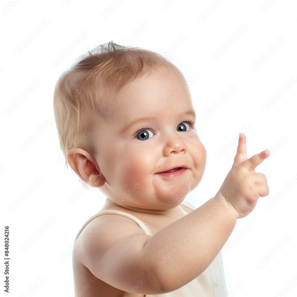 Lovey baby pointing to choose and press white background Lovey baby pointing to choose and press white background