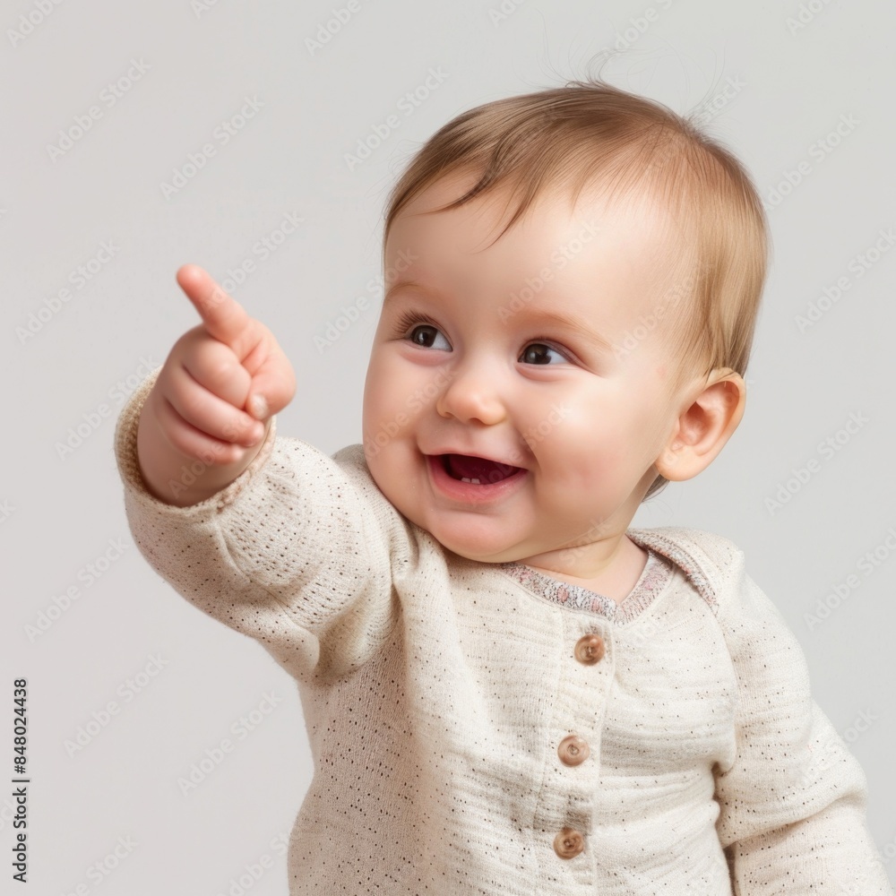 Lovey baby pointing to choose and press white background Lovey baby pointing to choose and press white background