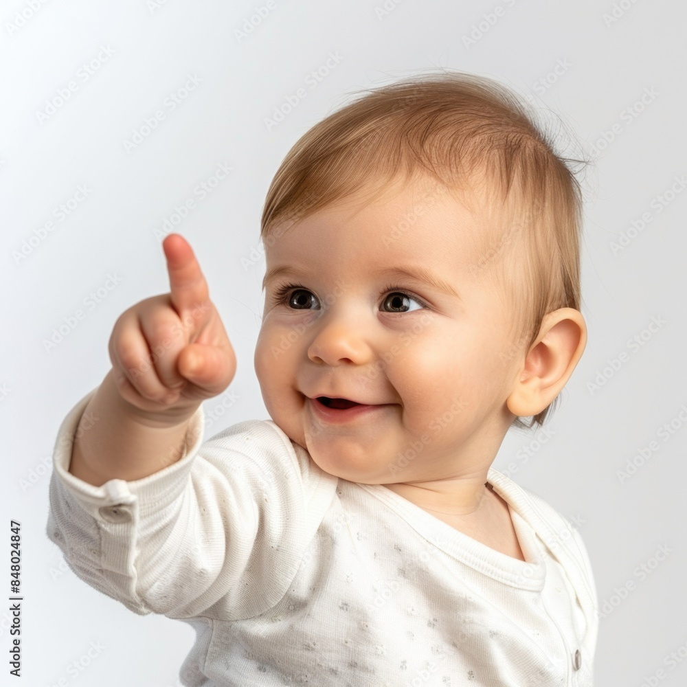 Lovey baby pointing to choose and press white background Lovey baby pointing to choose and press white background