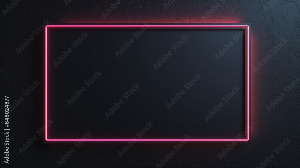 Neon pink rectangular frame on a black background, with empty space for text in the center. Copy space. Neon pink rectangular frame on a black background, with empty space for text in the center. Copy space.