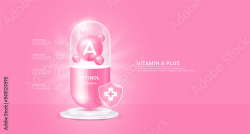 Vitamin A plus or Retinol in pink capsule with cross shield on podium. Antibiotic collagen and minerals essential health care. Ads dietary supplements and beauty. Medical pharmacy concept. Vector.