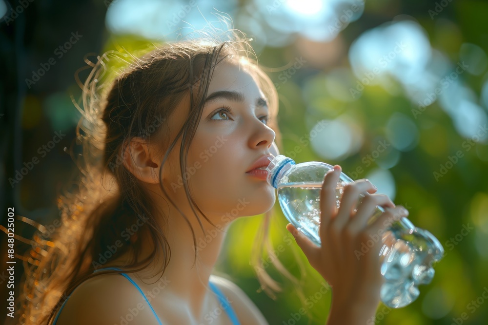 Young woman drinking water from a bottle, enjoying a sunny day outside, with sunlight and bokeh effect in the background. Young woman drinking water from a bottle, enjoying a sunny day outside, with sunlight and bokeh effect in the background.