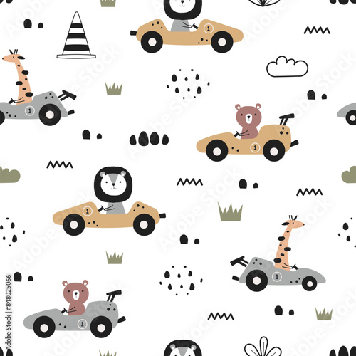 Seamless pattern with cute animal car racers. Cartoon transportation background. For fabric, textile, wallpaper, wrapping, apparel design