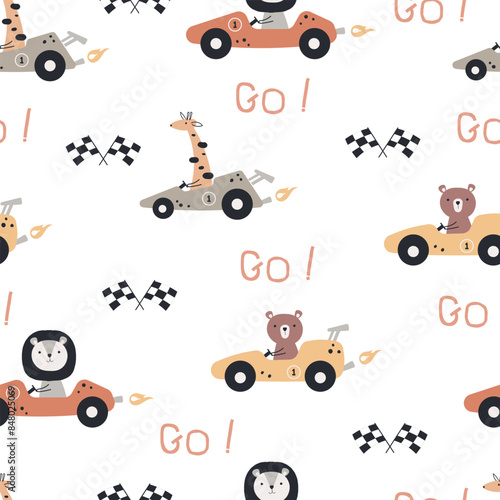 Seamless pattern with animal racers. Cute animal collection. For fabric, textile, wallpaper, wrapping, apparel design