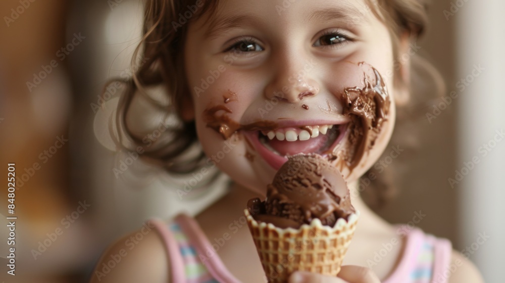 Sweet Joy: Happy Child with Chocolate Ice Cream on Face Holding Waffle Cone Sweet Joy: Happy Child with Chocolate Ice Cream on Face Holding Waffle Cone