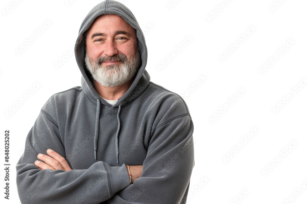 Fototapeta premium Smiling Senior Man in Gray Hoodie with Arms Crossed on White Background