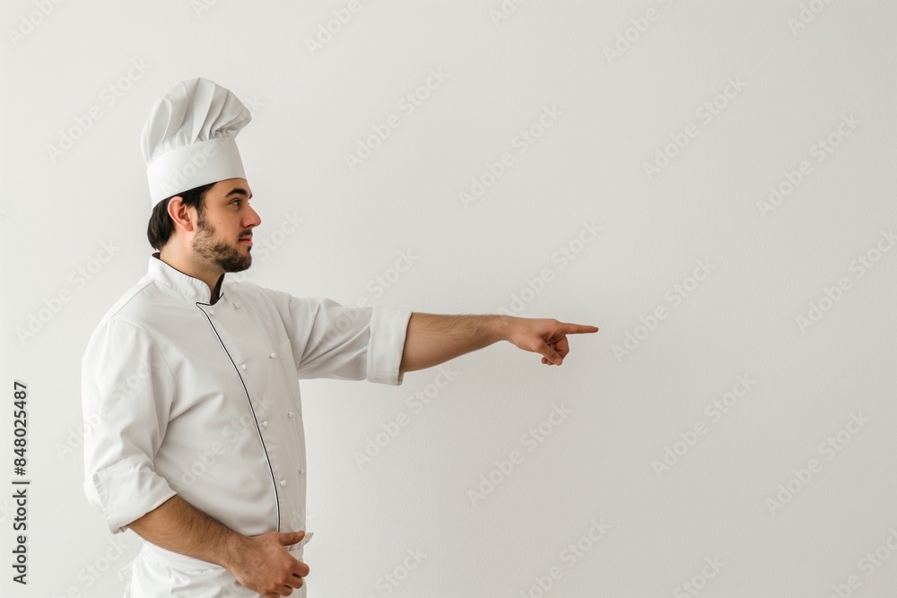 Chef pointing to the side while smiling in the kitchen, culinary professional concept, copy space, Chef pointing to the side while smiling in the kitchen, culinary professional concept, copy space,