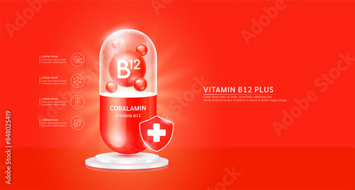 Vitamin B12 plus or Cobalamin in red capsule with cross shield on podium. Antibiotic collagen and minerals essential health care. For ads dietary supplements and beauty medical pharmacy. Vector.