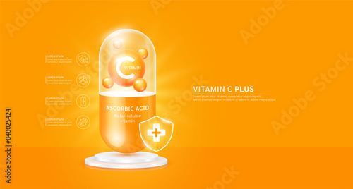 Vitamin C plus in orange capsule with cross shield on podium. Antibiotic collagen and minerals essential health care. Banner for ads dietary supplements and beauty. Medical pharmacy concept. Vector.