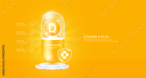 Vitamin D plus in orange capsule with cross shield on podium. Antibiotic collagen and minerals essential health care. For ads dietary supplements and beauty medical pharmacy. Vector.