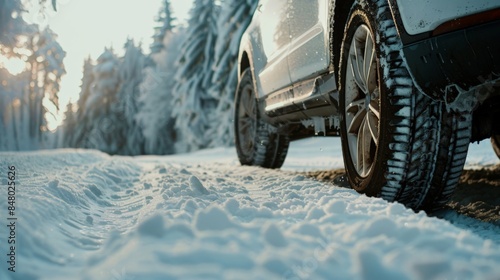Car wheel closeup on winter tires drives through a snow-covered road © robfolio