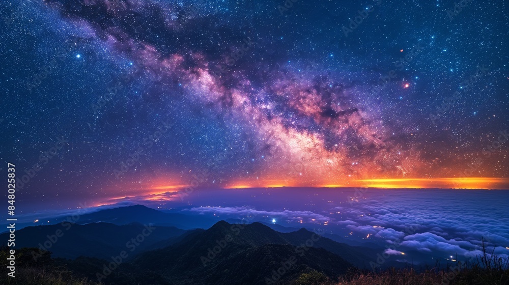 Fototapeta premium Starry Night over Mount Hehuan: Breathtaking Milky Way View in Taiwan's Mountain Landscape