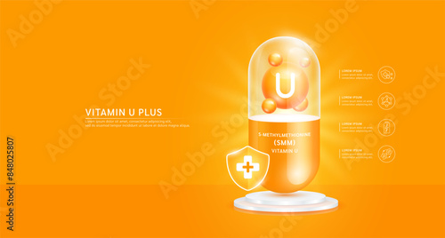 Vitamin U plus in orange capsule with cross shield on podium. Antibiotic collagen and minerals essential health care. For ads dietary supplements and beauty medical pharmacy. Vector.