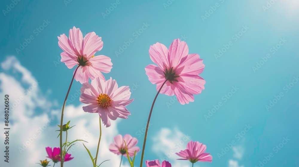 Blooming Pink Cosmos Flowers in a Summer Garden with Blue Sky Blooming Pink Cosmos Flowers in a Summer Garden with Blue Sky