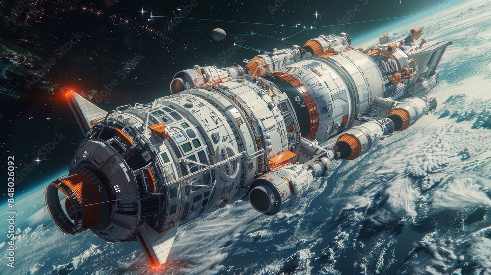 A high-tech spaceship navigates through an alien planetary system with rocky terrain and advanced technological features. A high-tech spaceship navigates through an alien planetary system with rocky terrain and advanced technological features.