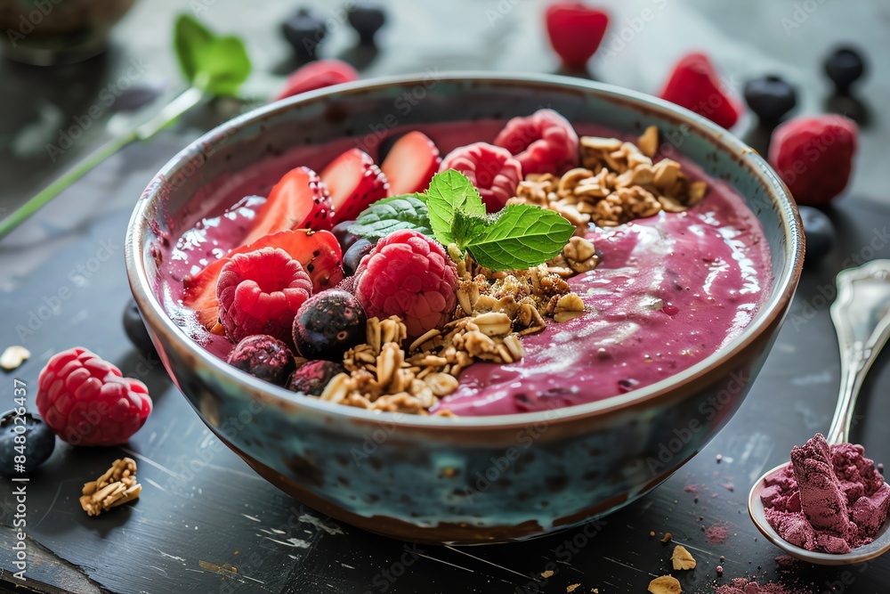 A bowl of fresh fruit smoothie topped with granola and berries. A healthy and delicious breakfast or snack. A bowl of fresh fruit smoothie topped with granola and berries. A healthy and delicious breakfast or snack.