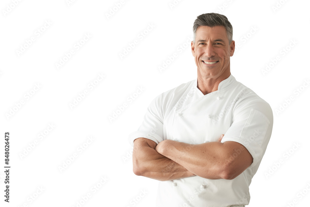 Smiling Muscular Senior Chef in White Uniform on White Background Smiling Muscular Senior Chef in White Uniform on White Background