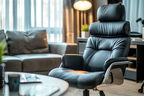 A black leather office chair with a high back and padded headrest sits in a modern home office. photo