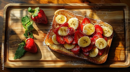 Toast with banana and strawberries on a wooden plate photo