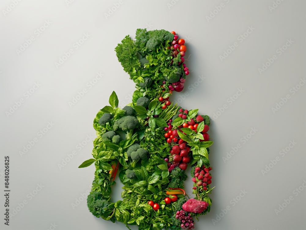 custom made wallpaper toronto digitalSilhouette of a person artistically formed with an assortment of leafy greens and colorful vegetables on a neutral background.