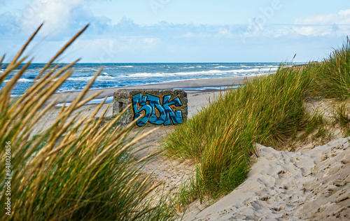 Verlassene Bunkeranlage am hellen dänischen Nordseestrand, bemalt mit Graffiti; im Vordergrund ein Weg zum Strand, umsäumt von Standhafer photo