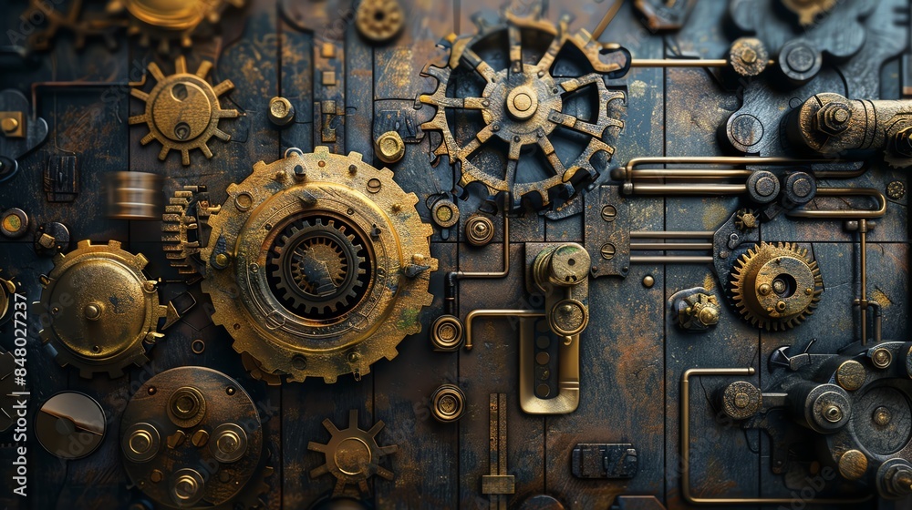 A close-up of intricate, metallic gears and machinery, creating a steampunk-inspired design. A close-up of intricate, metallic gears and machinery, creating a steampunk-inspired design.