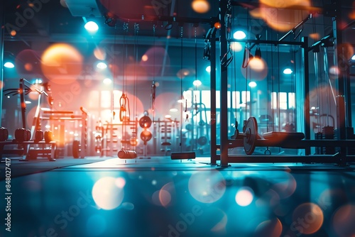 A dimly lit gym with exercise equipment and colorful lighting. The space is filled with an ethereal atmosphere, perfect for a fitness concept. photo