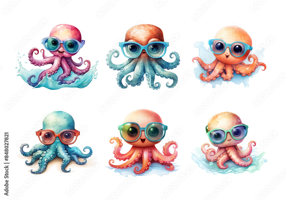 Fototapeta premium Octopus, Summer Illustration. Watercolor Style.
