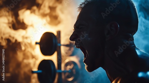 A man screams with exertion, silhouetted against a fiery background of weights and smoke.  He is determined to reach his fitness goals. photo