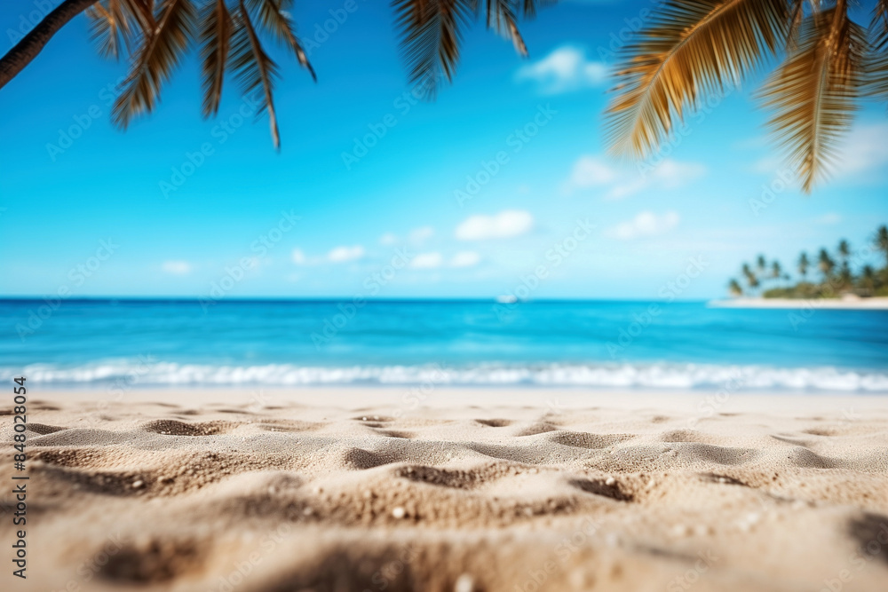 Tropical beach sand close-up. Background with selective focus and copy space