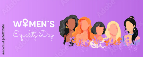 Web banner, poster for Women's Equality Day. Beautiful girl diversity. Purple background