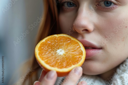 A focused shot of a half orange with the blurred background suggesting the person's engagement with the natural food item photo