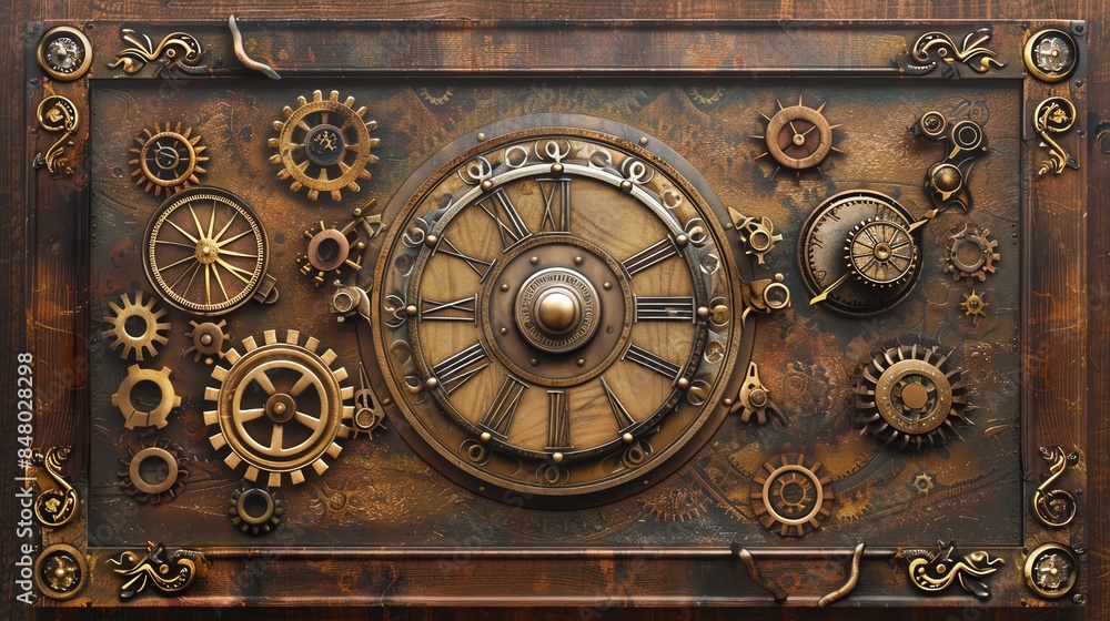 A steampunk-style clock face with intricate gears and cogs on a distressed wooden background. A steampunk-style clock face with intricate gears and cogs on a distressed wooden background.