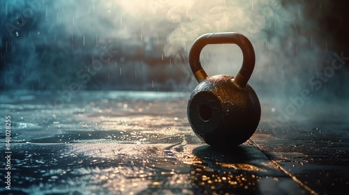 A single kettlebell sits on a wet surface, illuminated by a bright light. The image evokes a sense of strength and determination.