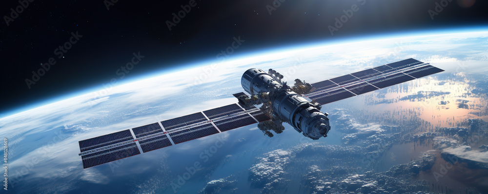 Fototapeta premium Spacecraft Orbiting Earth With Solar Panels and Earths Atmosphere